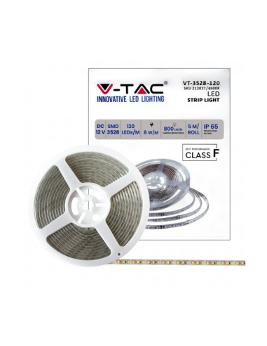STRISCIA LED VT-3528 120LED/M 12V STRIP 5MT 8W/M BIANCO FREDDO 6500K IP65 (212037)