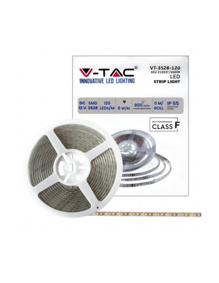 STRISCIA LED VT-3528 120LED/M 12V STRIP 5MT 8W/M BIANCO FREDDO 6500K IP65 (212037)