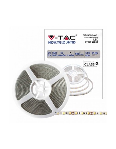 STRISCIA LED VT-5050-60 60LED/MT 12V STRIP 5MT 11W/M BIANCO FREDDO 6500K IP65 (212148)