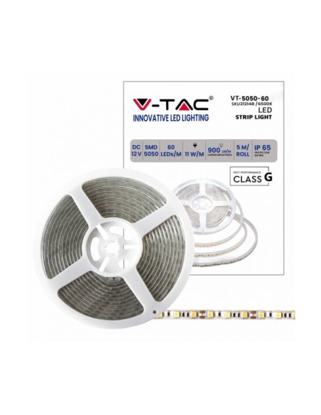 STRISCIA LED VT-5050-60 60LED/MT 12V STRIP 5MT 11W/M BIANCO FREDDO 6500K IP65 (212148)