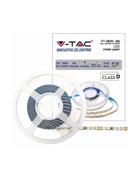 STRISCIA LED VT-2835 137LM/M 24V STRIP 5MT 8W/MT BIANCO FREDDO 6500K IP20 (212595)
