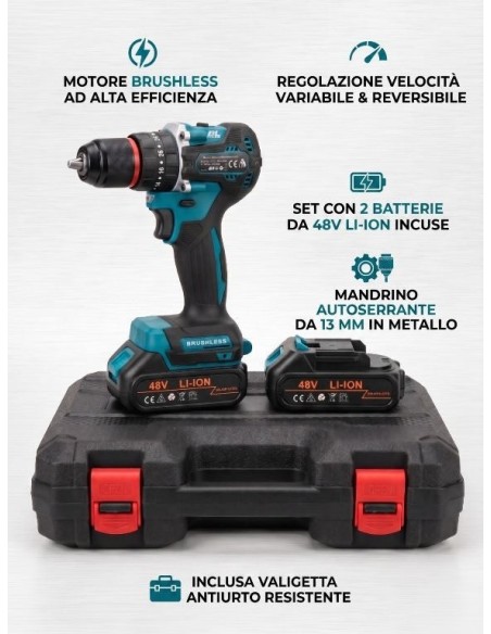TRAPANO AVVITATORE BRUSHLESS 48V PROFESSIONALE - 2 BATTERIE - KIT VALIGETTA 21 PEZZI