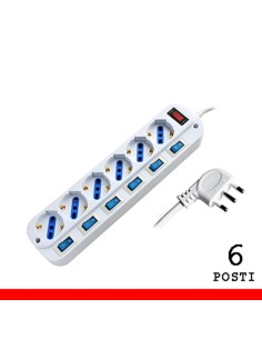 MULTIPRESA 6 POSTI PRESA BIPASSO/SCHUKO CON SPINA 16A CON INTERRUTTORI MULTIPLI (PEM203056A-W)