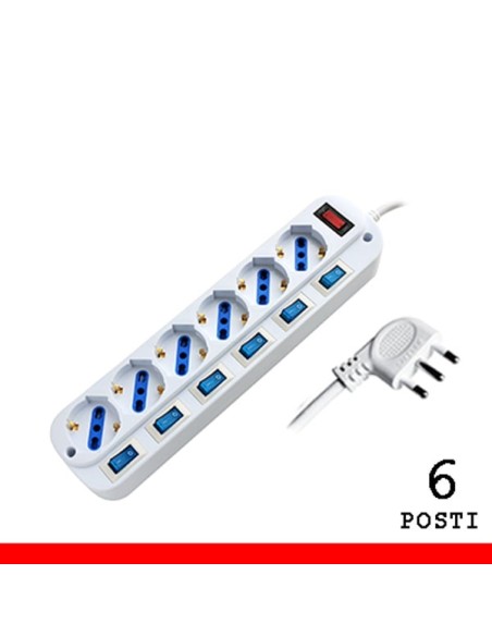 MULTIPRESA 6 POSTI PRESA BIPASSO/SCHUKO CON SPINA 16A CON INTERRUTTORI MULTIPLI (PEM203056A-W)