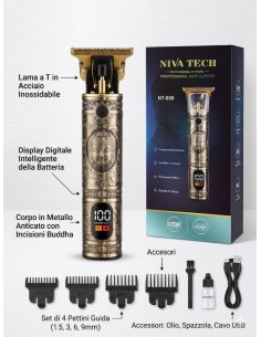TAGLIACAPELLI PROFESSIONALE VINTAGE PER BARBA E CAPELLI WIRELESS DISPLAY LED RICARICABILE USB CON KIT