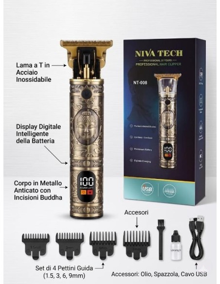 TAGLIACAPELLI PROFESSIONALE VINTAGE PER BARBA E CAPELLI WIRELESS DISPLAY LED RICARICABILE USB CON KIT